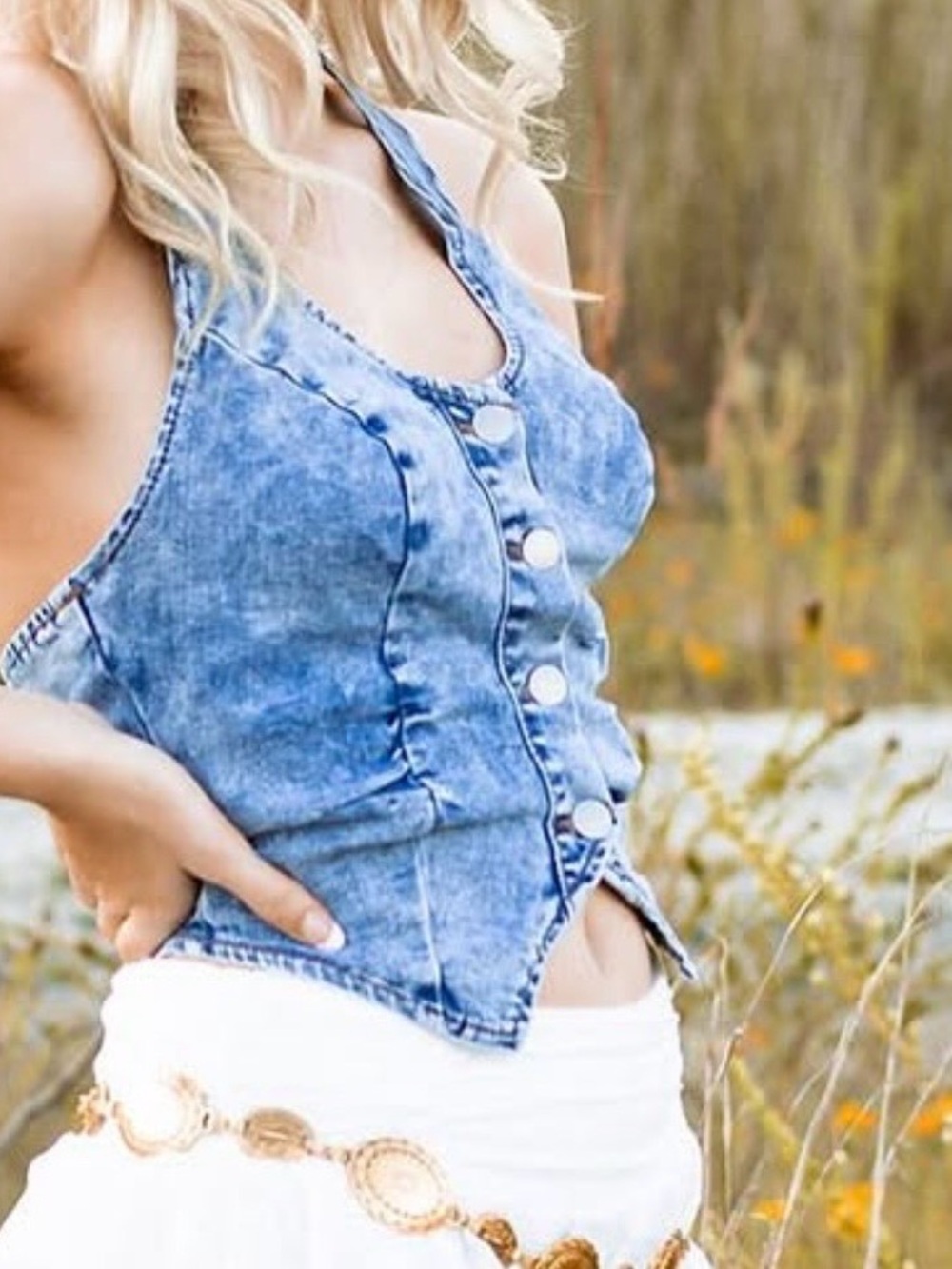 Acid Wash Denim Button Front Halter Top - Blue